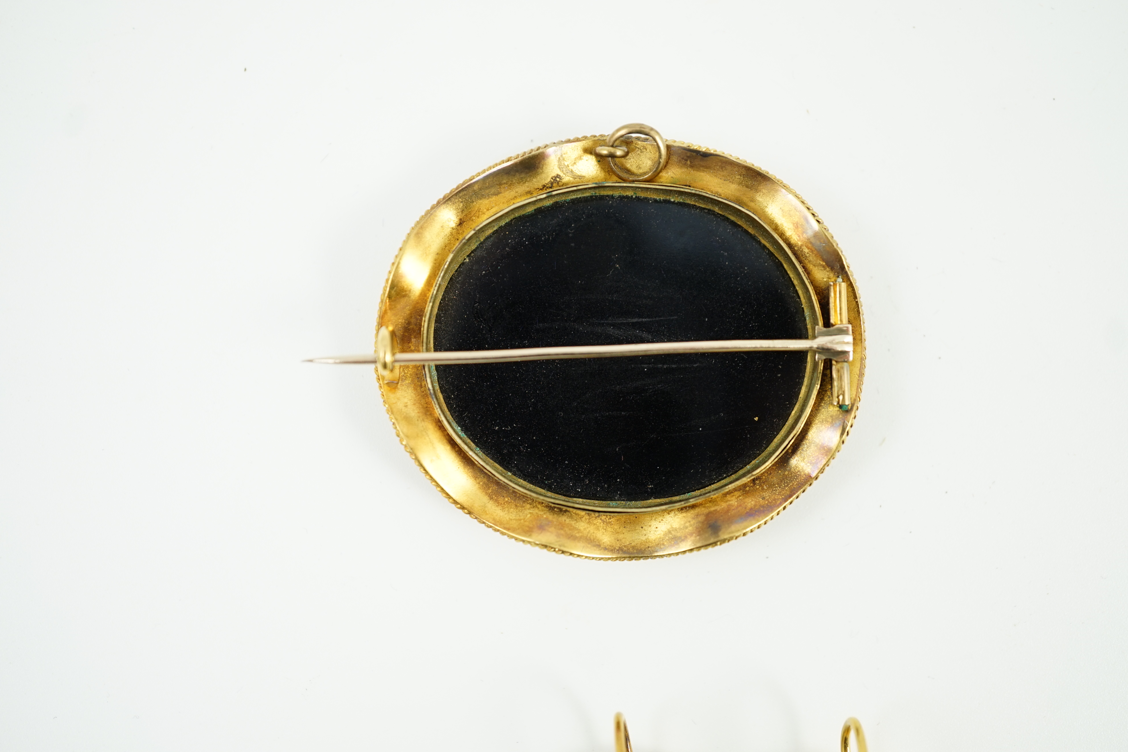 A Victorian gold mounted micro mosaic black onyx demi-parure